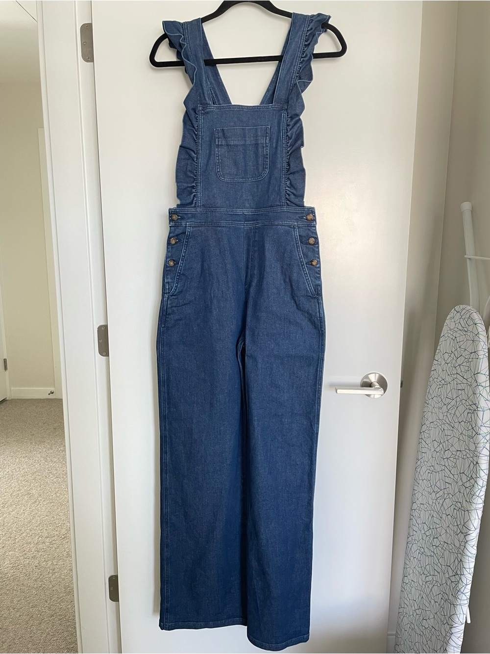 Sezane Rosario Blue Denim Ruffle-Strap Jumpsuit